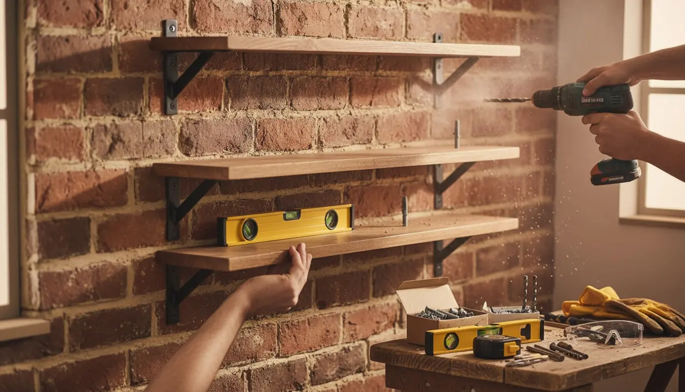 Hænder forborer en murstensvæg og indsætter rawlplugs for at montere tre hylder.