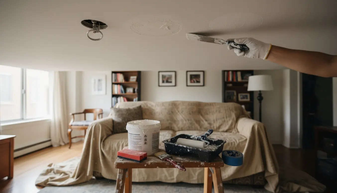 Nærbillede af små loftsreparationer med tre pletter, synlig metalring ved et rør og en hånd, der spartler en udfyldning.