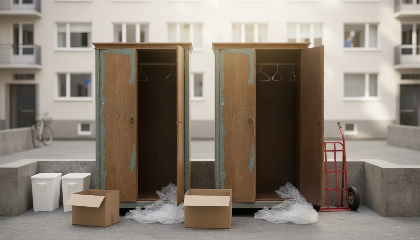 To gamle klædeskabe står ved hvide skraldehuse i en boliggård klar til bortskaffelse.