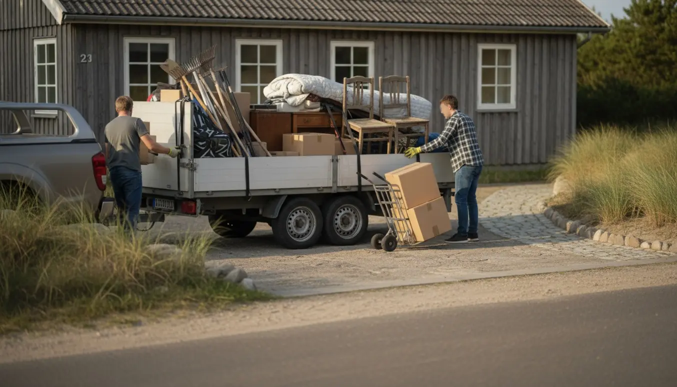 Lastning af indbo fra en sommerhusforhave på en anhænger ved vejen.