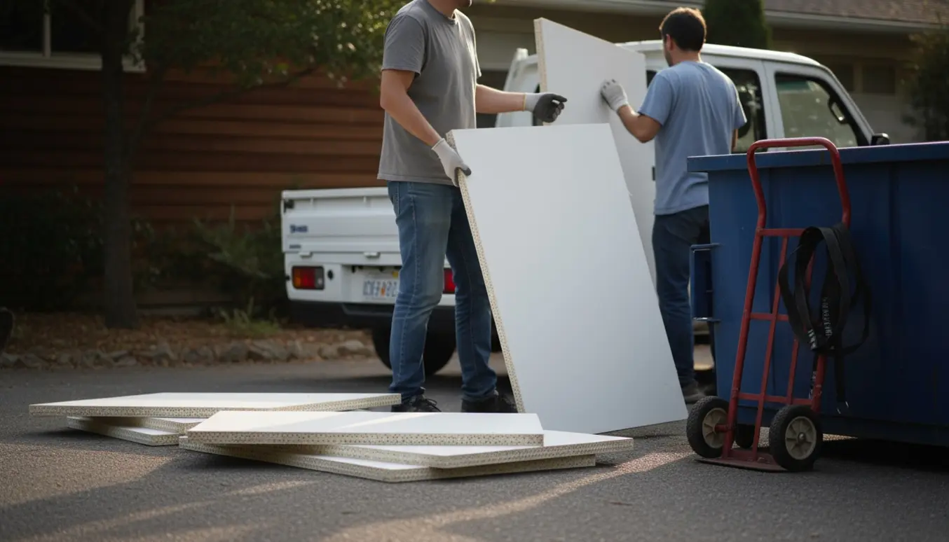 Store, lette plader i to bredder bæres og stables ved en genbrugscontainer i indkørslen.