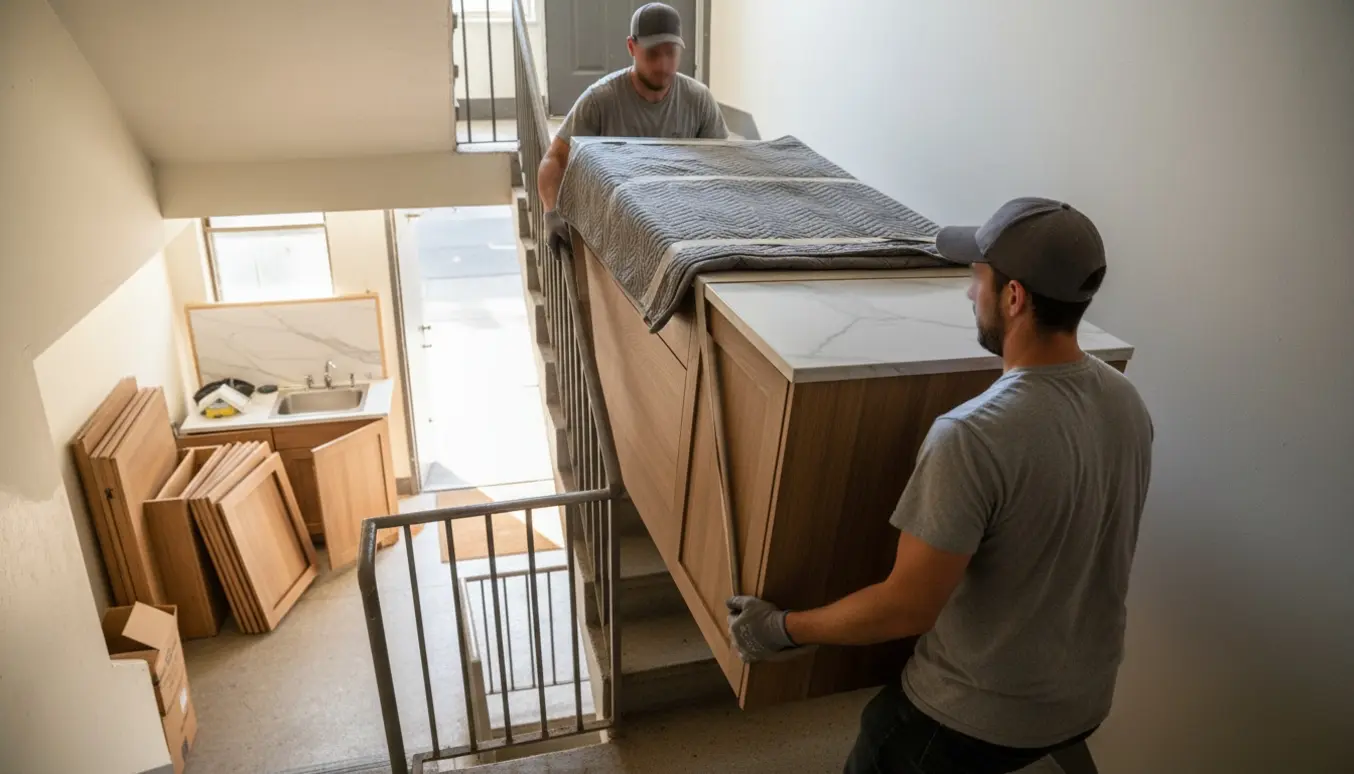 To mænd bærer et nyt køkkenskab op ad en smal trappe mod tredje sal, mens gamle køkkendele ligger stablet på fortovet.