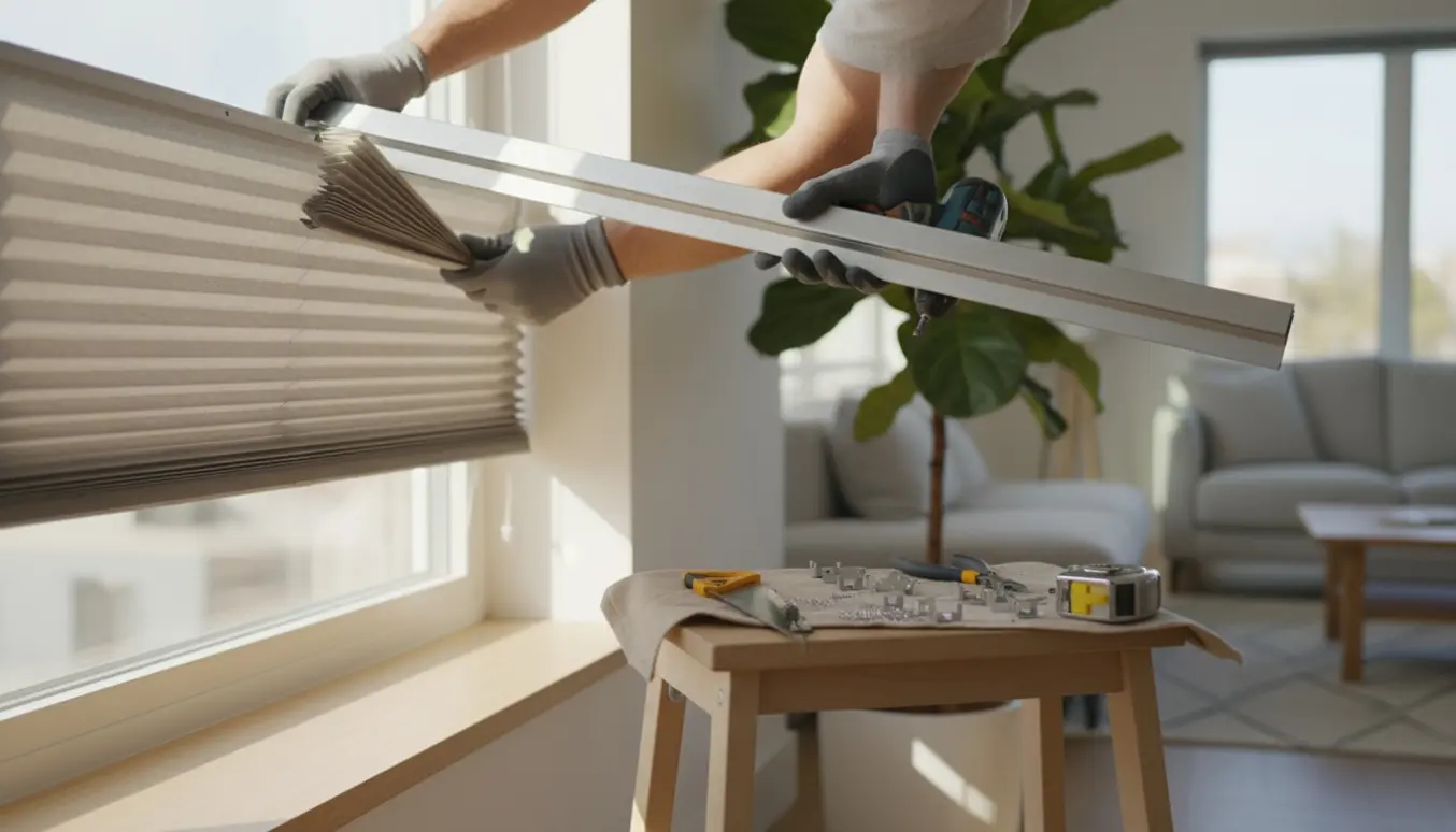Nærbillede af hænder, der afmonterer en plissegardin og monterer en ny persienne ved et vindue.