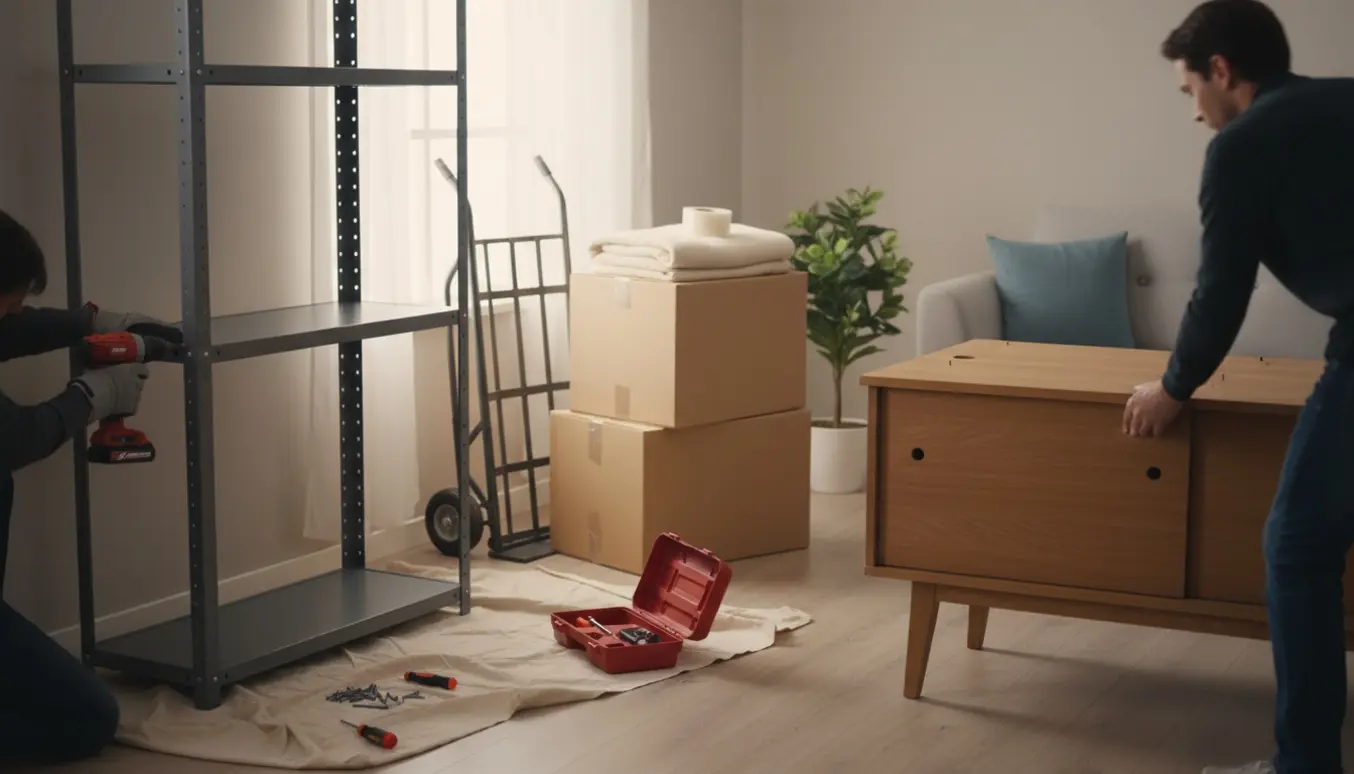 Hænder samler en stålreol, flyttekasser står klar, og en træoverdel sættes på en skænk i et lyst rum.