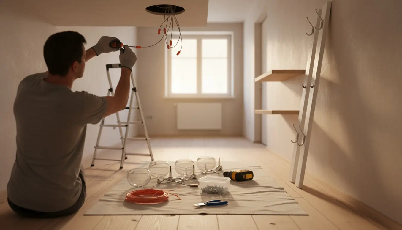 Person på stige fjerner loftlampe med handsker, mens hylder og knagerække ligger rede på gulvet.