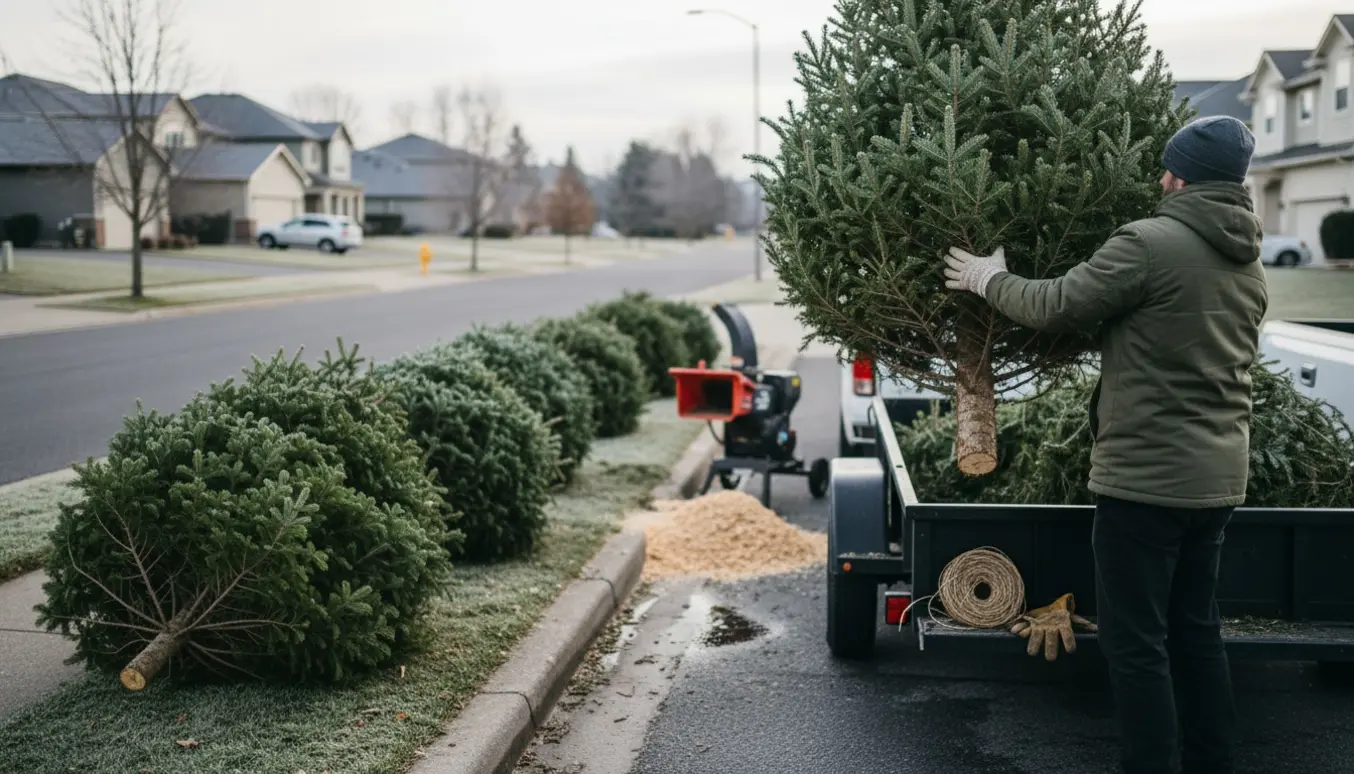 En person læsser et juletræ i en trailer ved fortovet til afhentning efter jul.