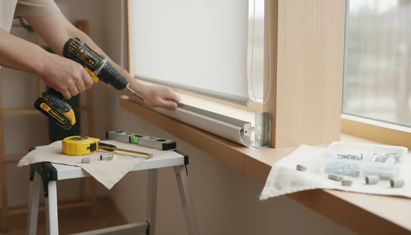 Hænder monterer en rullegardin i et vindue med boremaskine, målebånd og beslag.