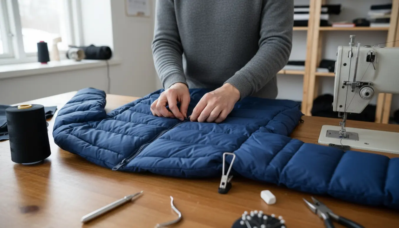 Nærbillede af hænder, der monterer en ny lynlås i en foret skijakke på et lyst sybord.