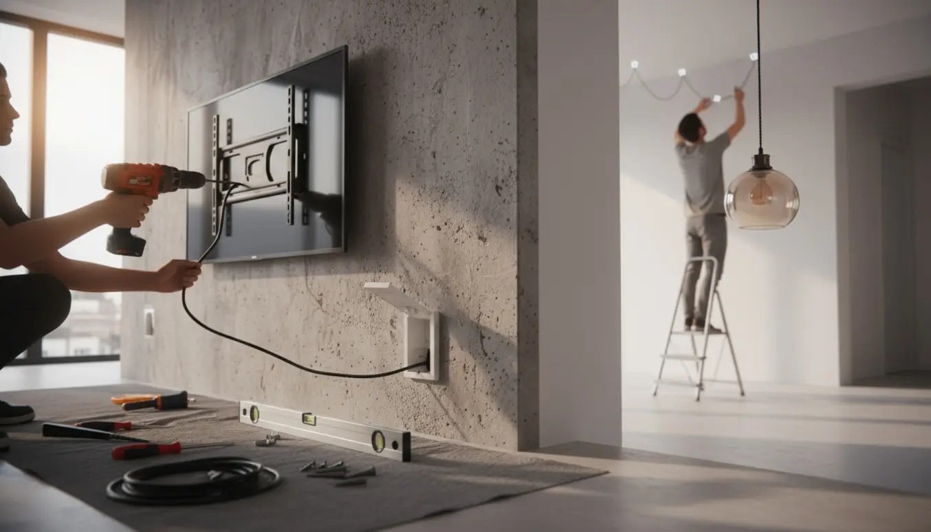 Bredt boligbillede med TV monteret på betonvæg og organiserede kabler i kabelkasse, mens en loftlampe fastgøres på en stige.