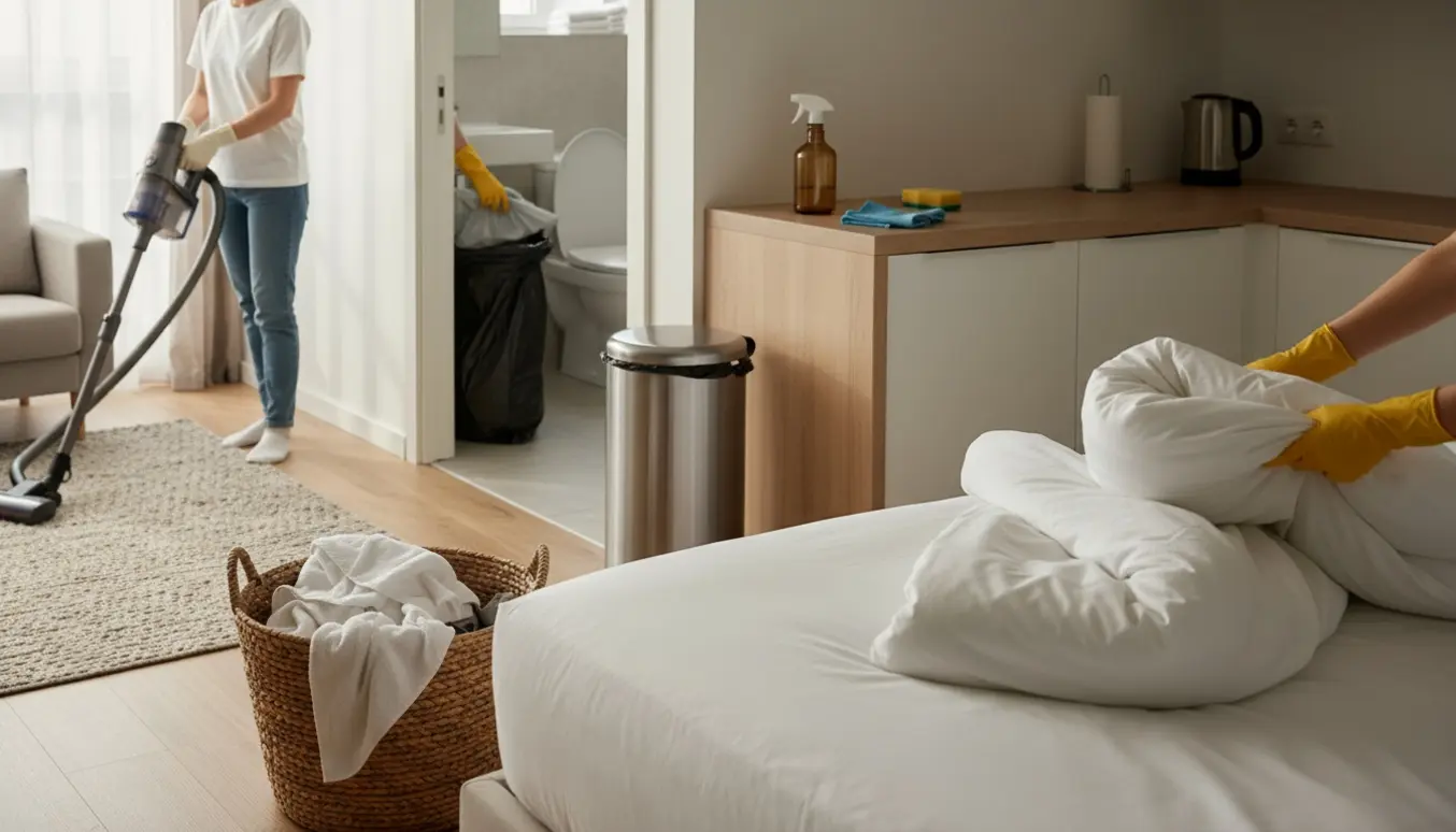 Hænder skifter sengetøj, tømmer skraldespand og støvsuger i en lys Airbnb-lejlighed.