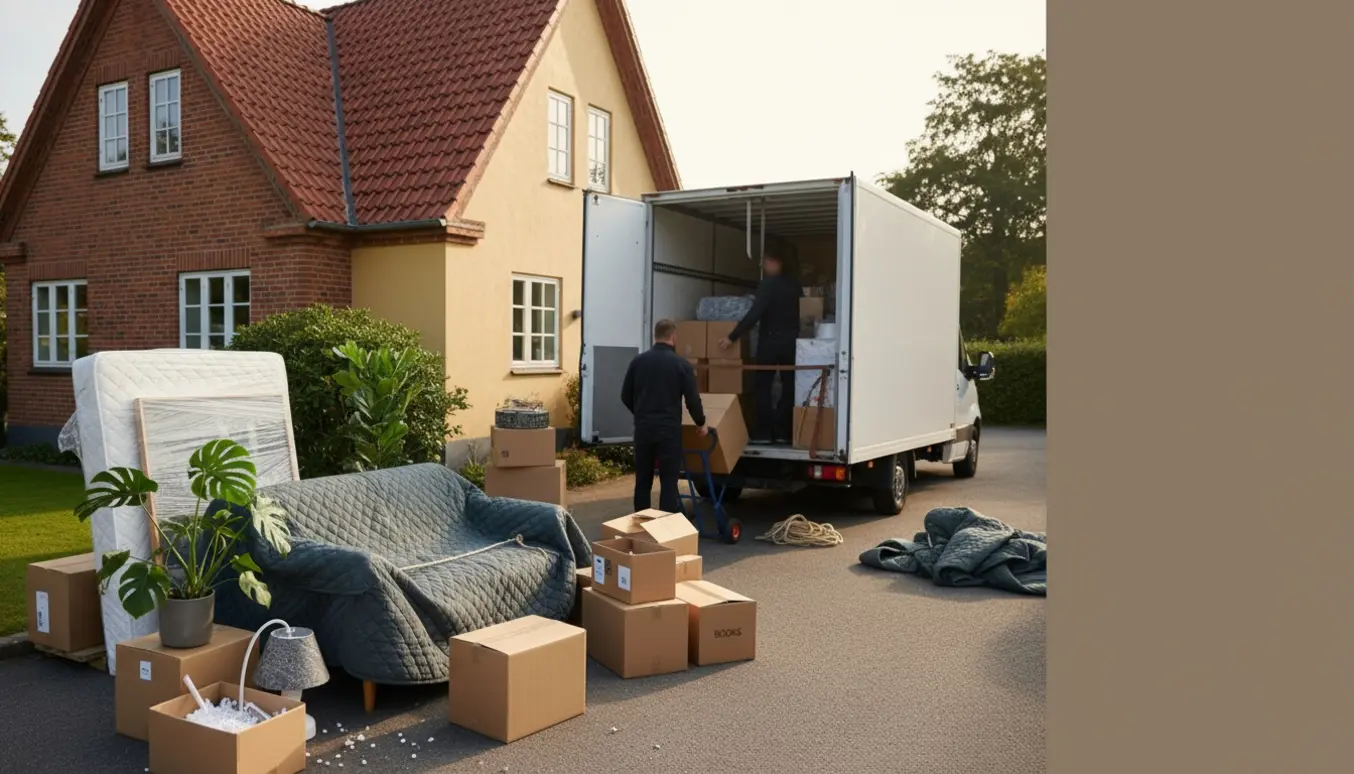 Flyttefolk læsser kasser og møbler ind i en hvid flyttebil foran en villa.