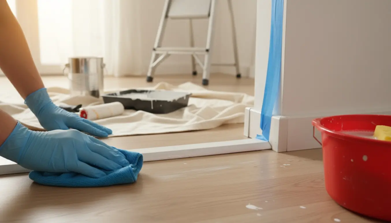 Hænder rengør nymalede vægge og lister i en tom lejlighed efter maling.