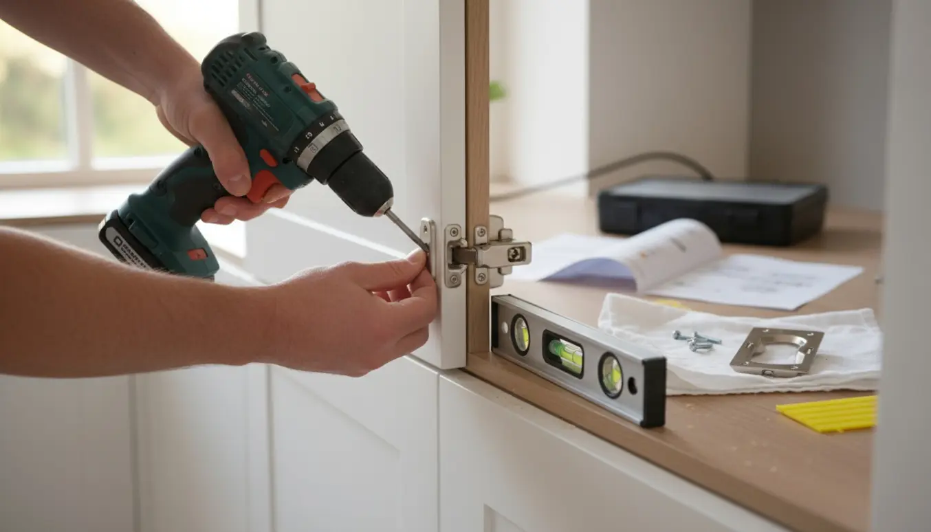 Nærbillede af hænder, der justerer to skabslåger med boremaskine og vaterpas i et lyst køkken.