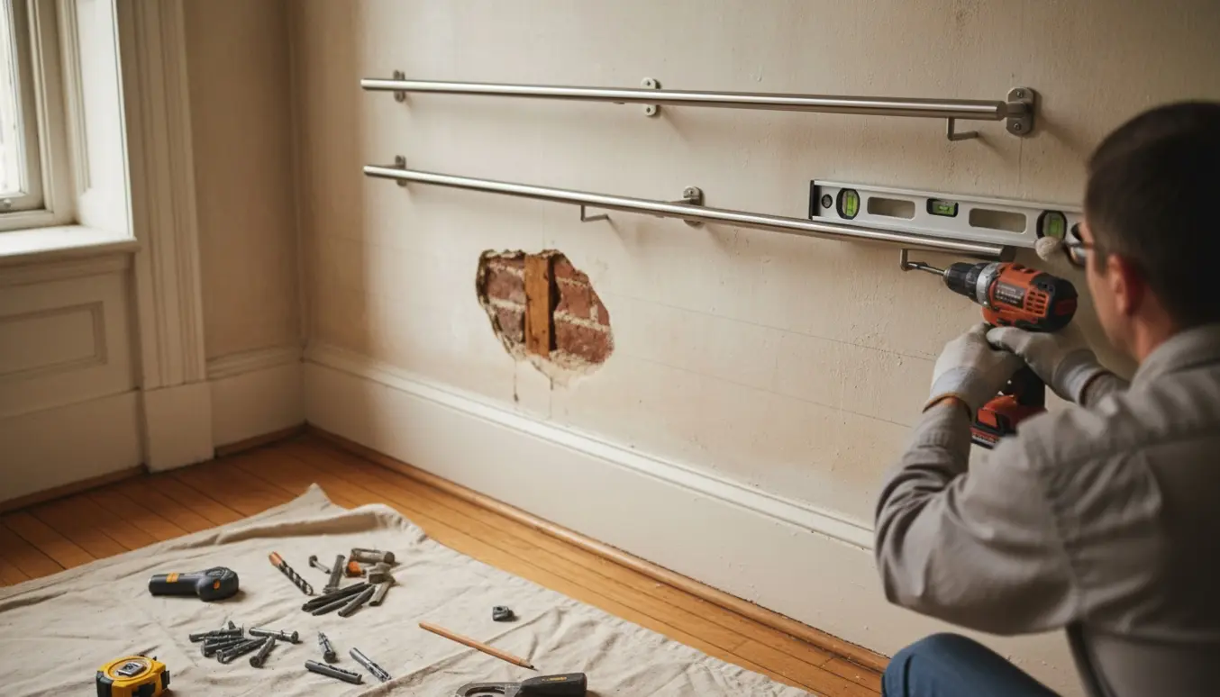 Montering af tre bøjlestativer på en gammel pudset væg i en 1930'er lejlighed med værktøj i forgrunden.