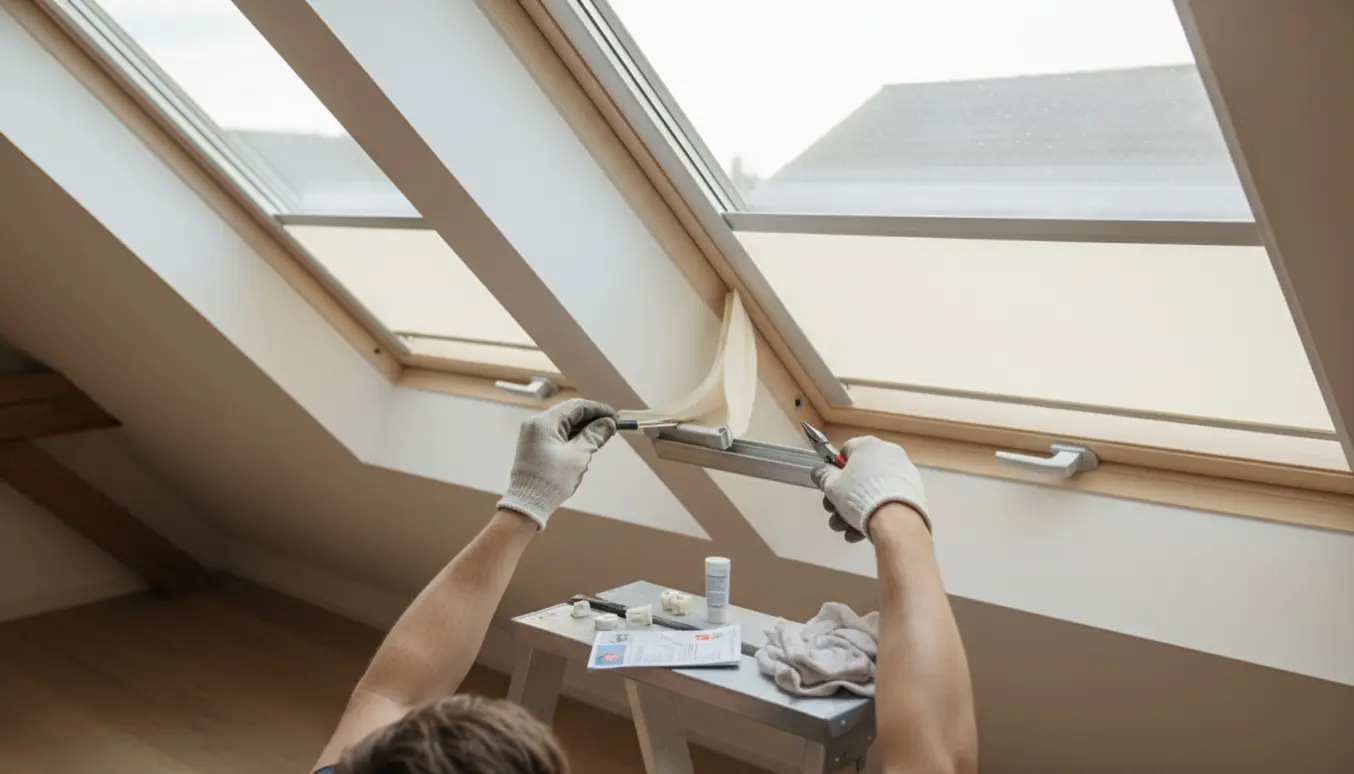 Hænder reparerer et fastkørt rullegardin i to skrå loftsvinduer med værktøj på en stige.