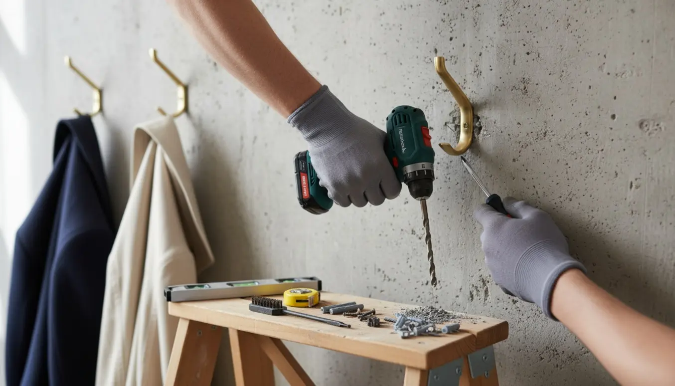 Hænder genmonterer en knage på en betonvæg med borehulsankre og værktøj i nærbillede.