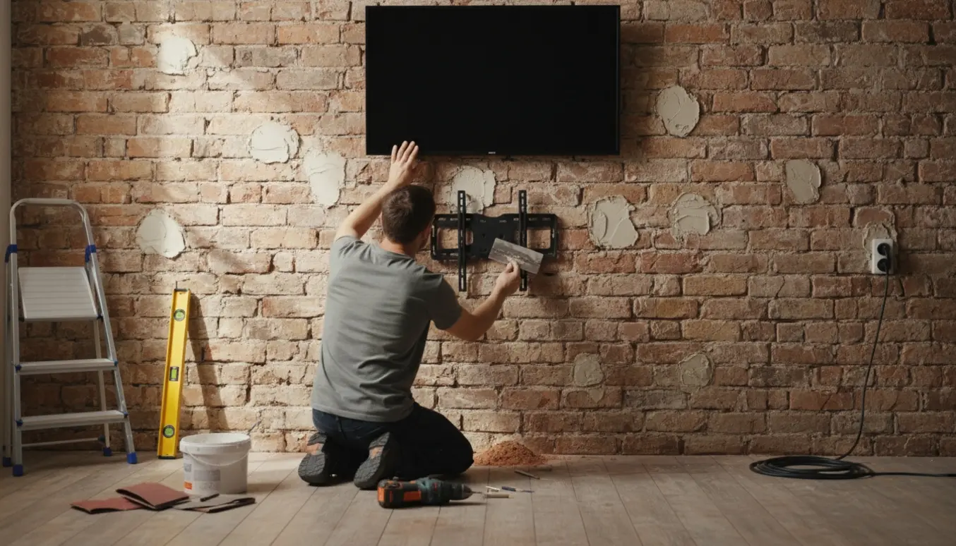 Person reparerer huller i en murstensvæg og monterer et mellemstort fladskærms-tv.