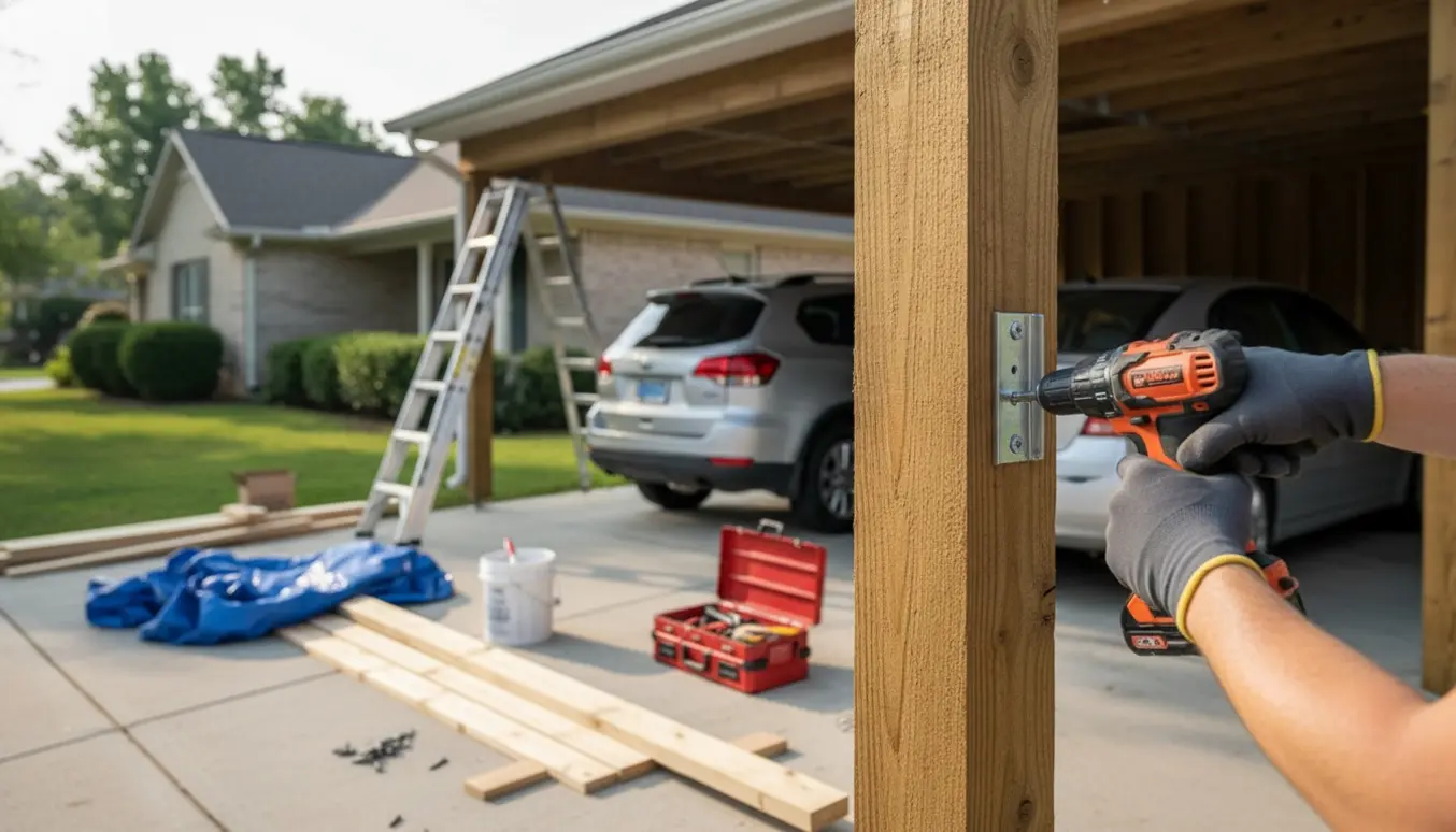 Nærbillede af hænder, der monterer en beslag på en carportstolpe med to parkerede biler i baggrunden.