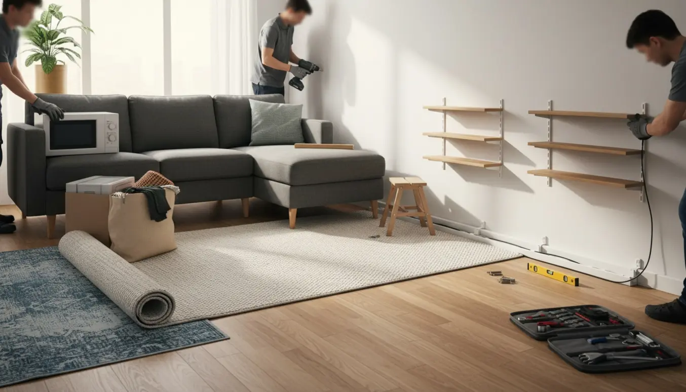 Hænder ruller et nyt tæppe ud under sofaen, bore op små hylder, samler kabler i en holder og pakker ting til afhentning.