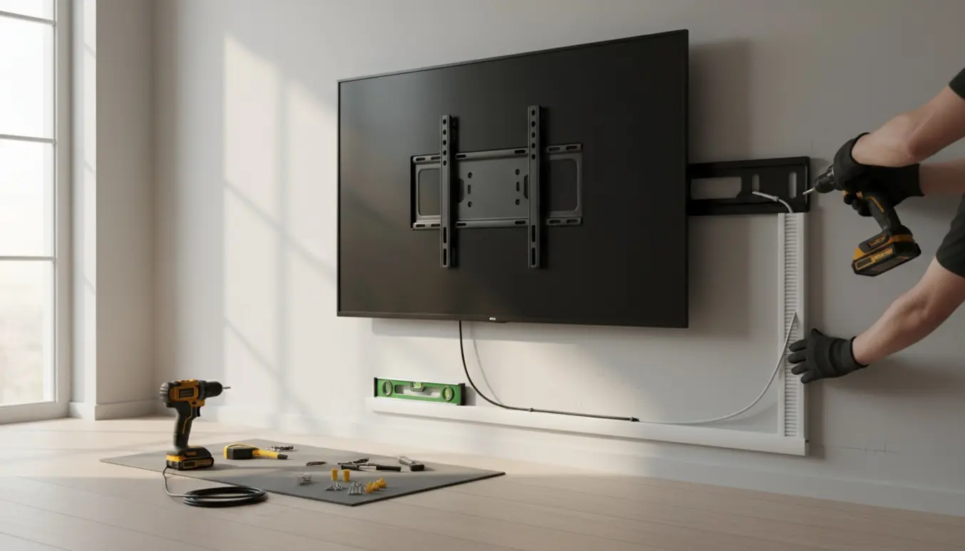 Stor fladskærm monteres på væg med synlig kabelkanal og værktøj i et lyst rum.