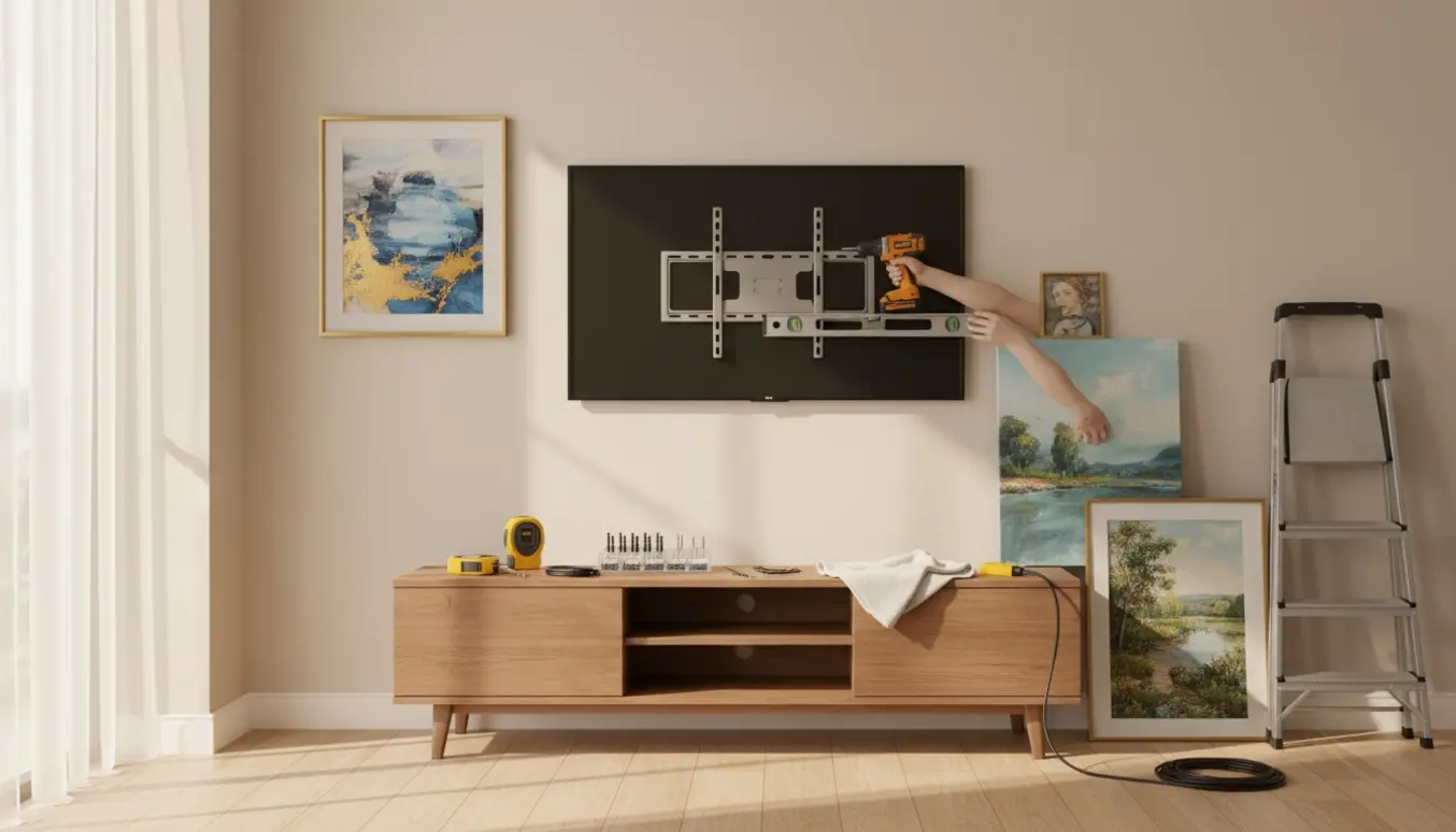 Hænder monterer et 55-tommer TV på væggen med værktøj og tre malerier klar til ophæng.