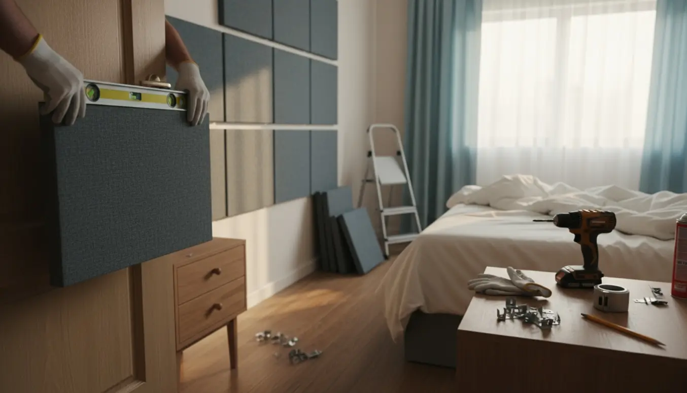 Montering af cirka ti lydpaneler i et soveværelse, hvor et panel bliver sat på døren.