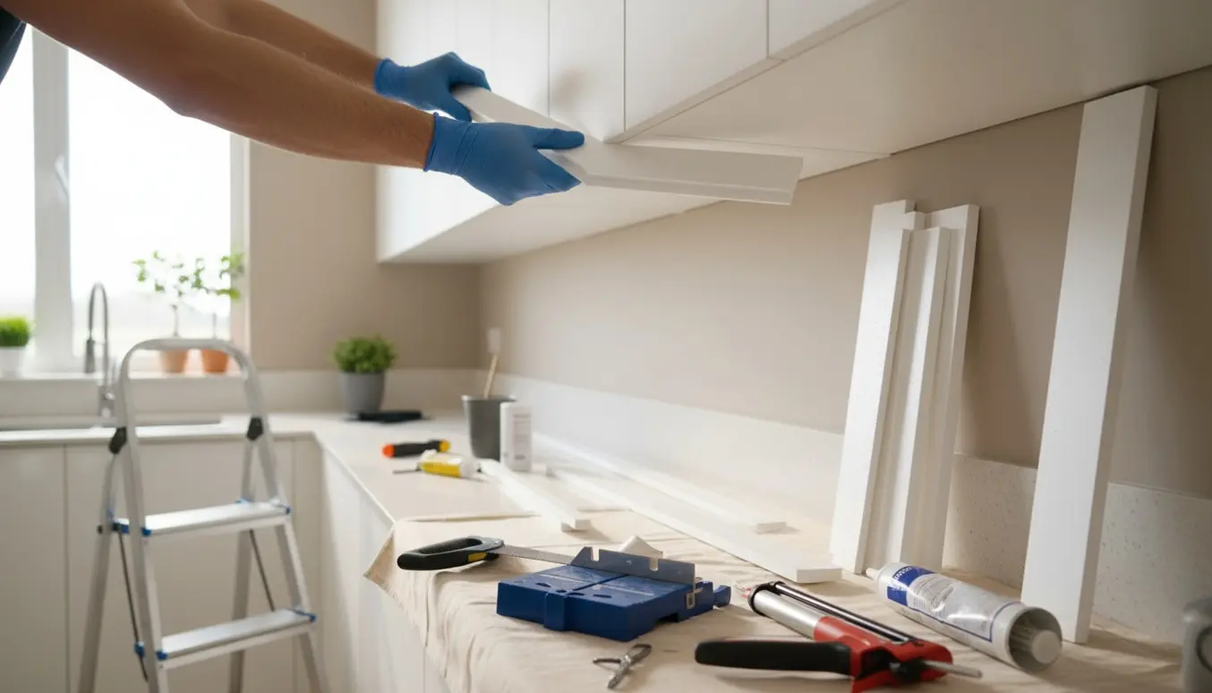 Nærbillede af opsætning af flamingostuk i lyst køkken med stuklim, fuge, skærekasse og sav synlige.