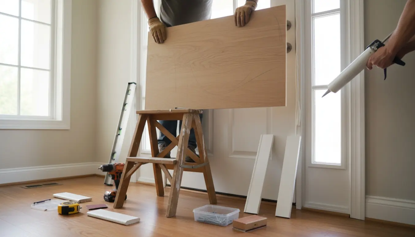 Hænder monterer en træplade over en hoveddør med fodpaneler og en fugepistol ved siden af.