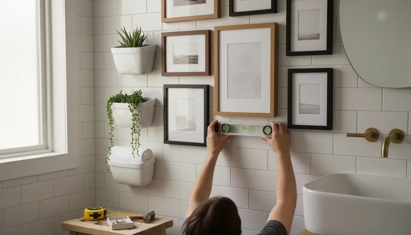 Hænger ti billeder op på et badeværelse med tre porcelænskurve monteret mellem rammerne.