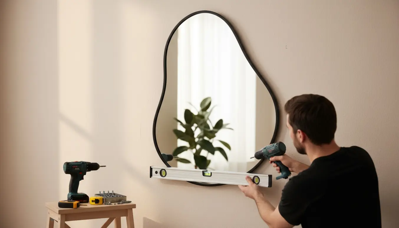 Hænder hænger et organisk spejl op på en lys væg med værktøj og vaterpas omkring.