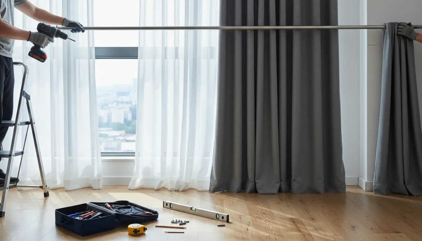 En person monterer en gardinstang ved et vindue med værktøj og en stige i et lyst, moderne rum.