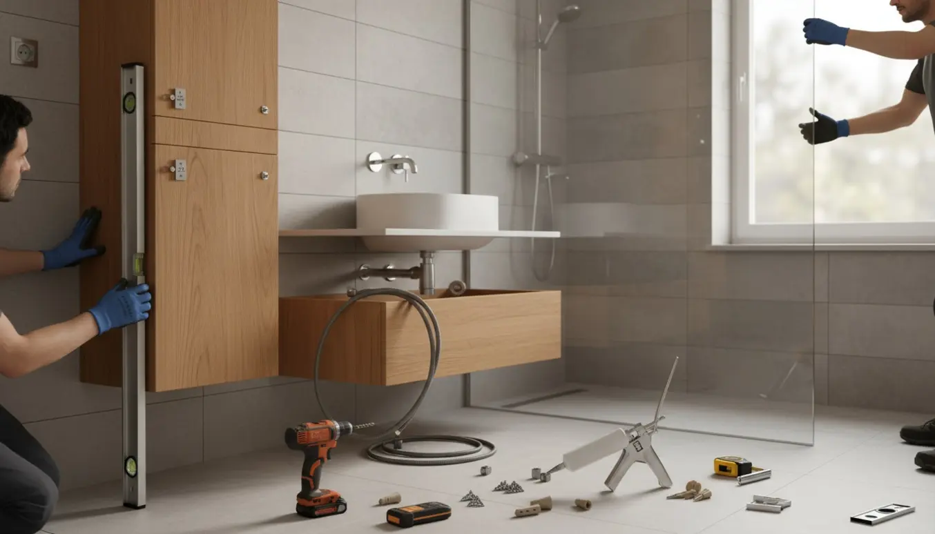 Montage af badeværelsesskabe og brusevæg i et moderne badeværelse med værktøj på plads, uden synlige ansigter.