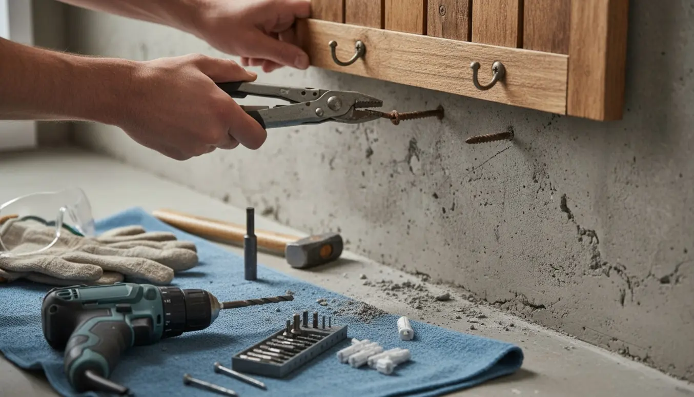 Nærbillede af hænder, der fjerner skruer fra en betonvæg for at tage en knagerække ned.