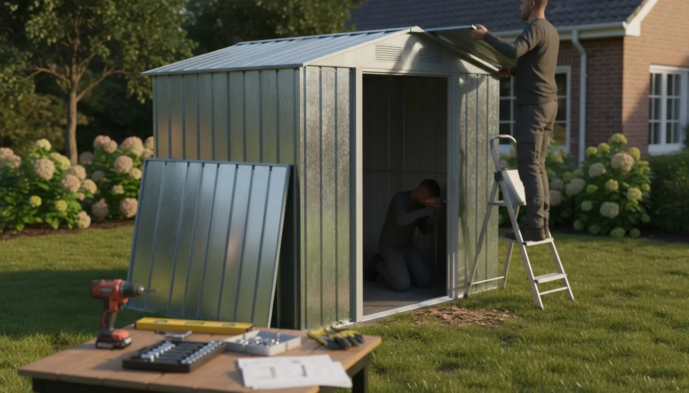 Delvist opbygget stålskur i en have med værktøj og arbejdshandsker, to håndværkere uden synlige ansigter.