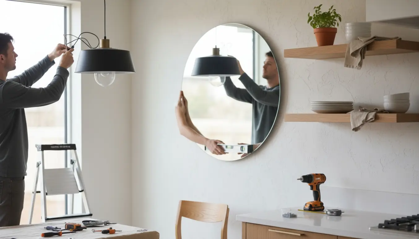 Nærbillede af udskiftning af hængelampe, ophængning af spejl og montering af køkkenhylder i et lyst køkken.
