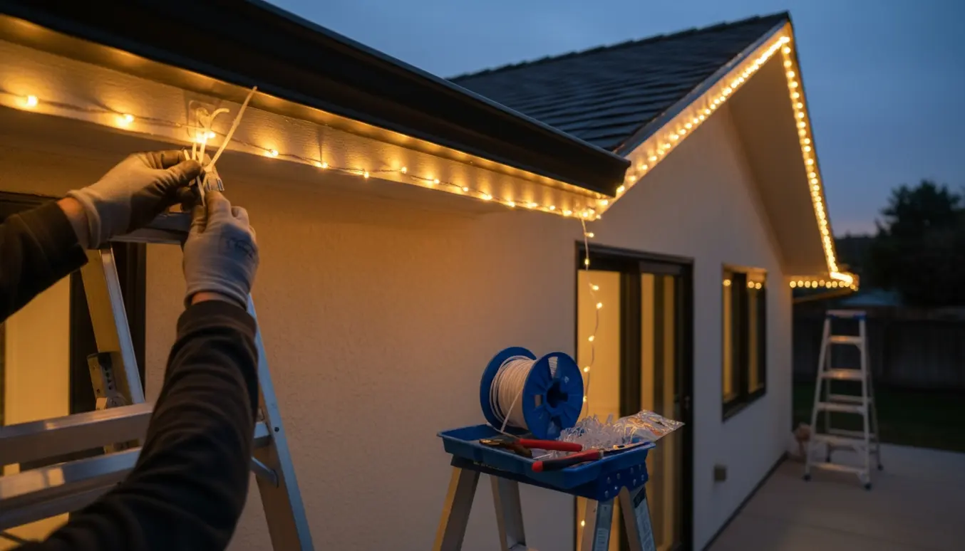 Hænder fastgør en lang lyskæde langs husets tag med aftagelige clips og strips ved en stige ved skumring.