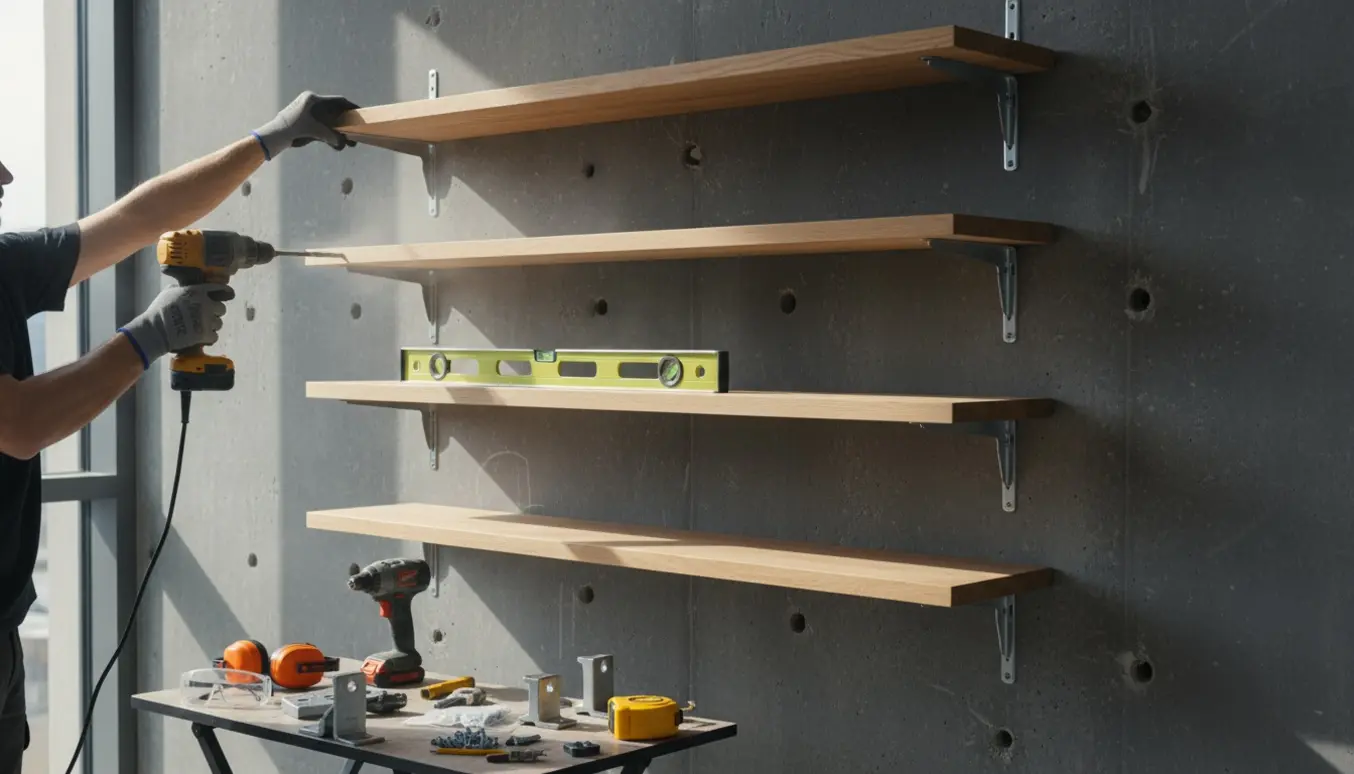 Hænder monterer fem hylder på en massiv betonvæg med boremaskine og metalbeslag.