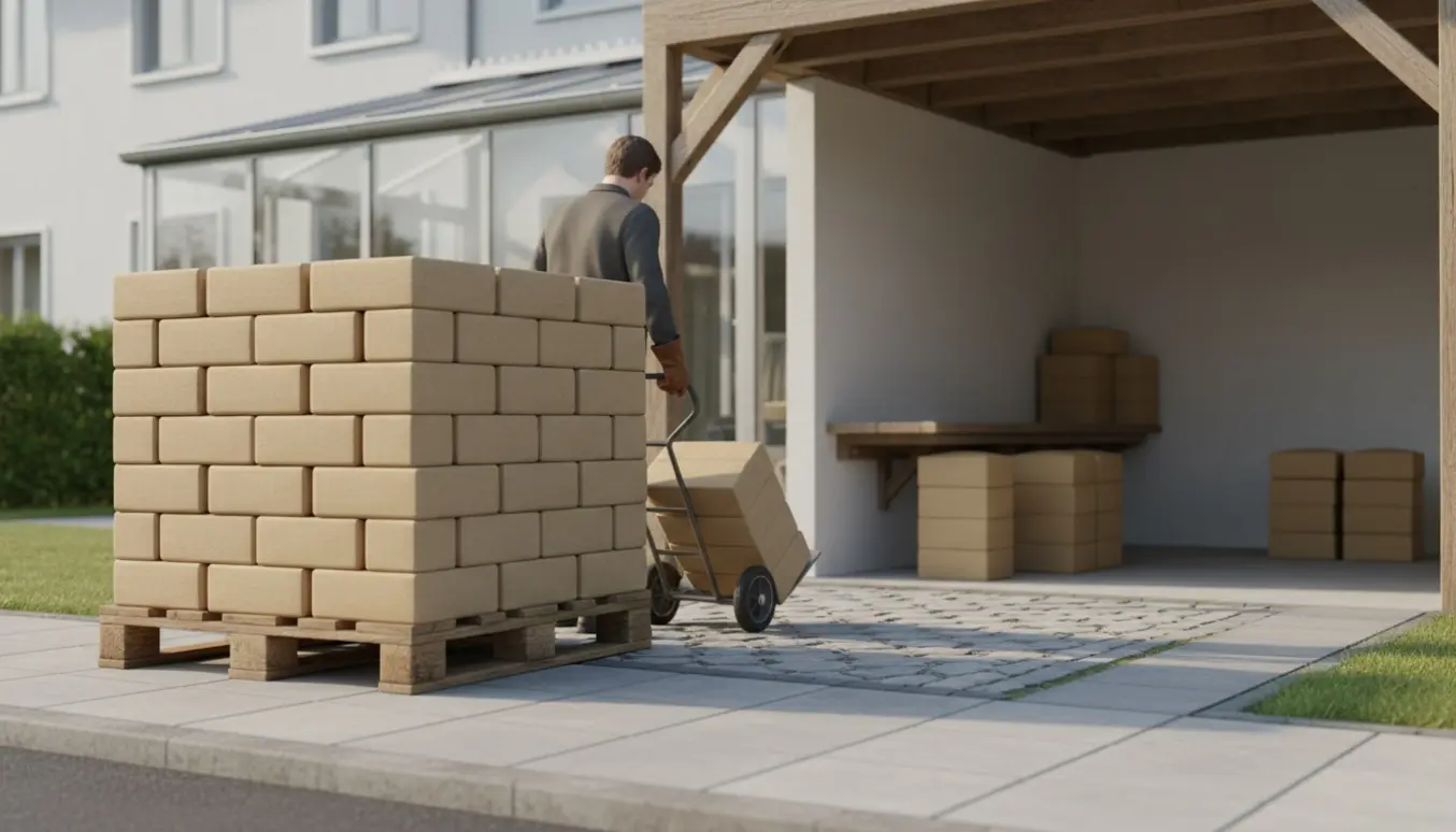 Person trækker briketter på en trille mod carporten, med en palle og stablede pakker ved kantstenen.