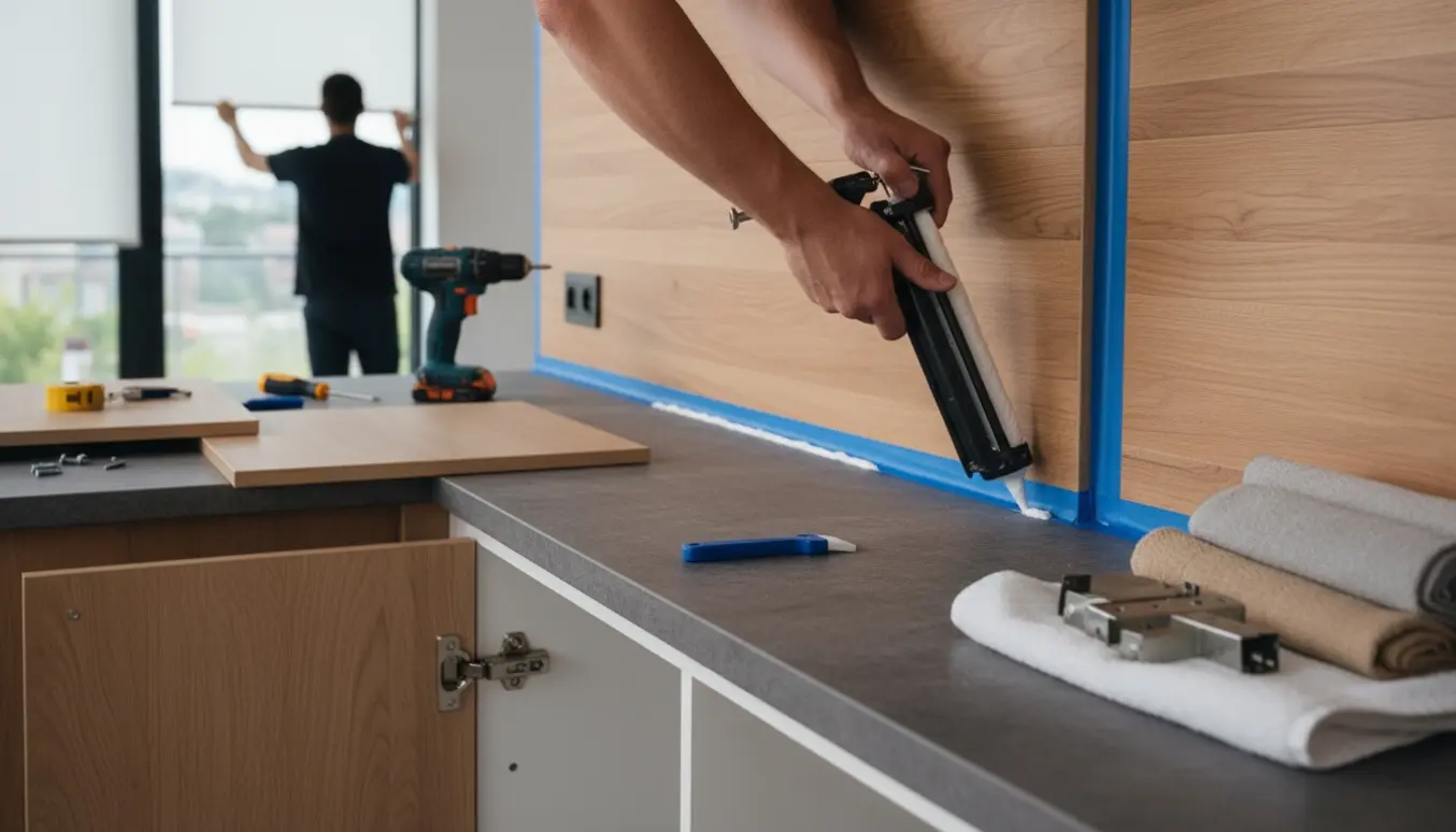 Nærbillede af hænder, der fugetætner kanten mellem panel og køkkenbord med skabsdøre og rullegardiner klar til montering i baggrunden.