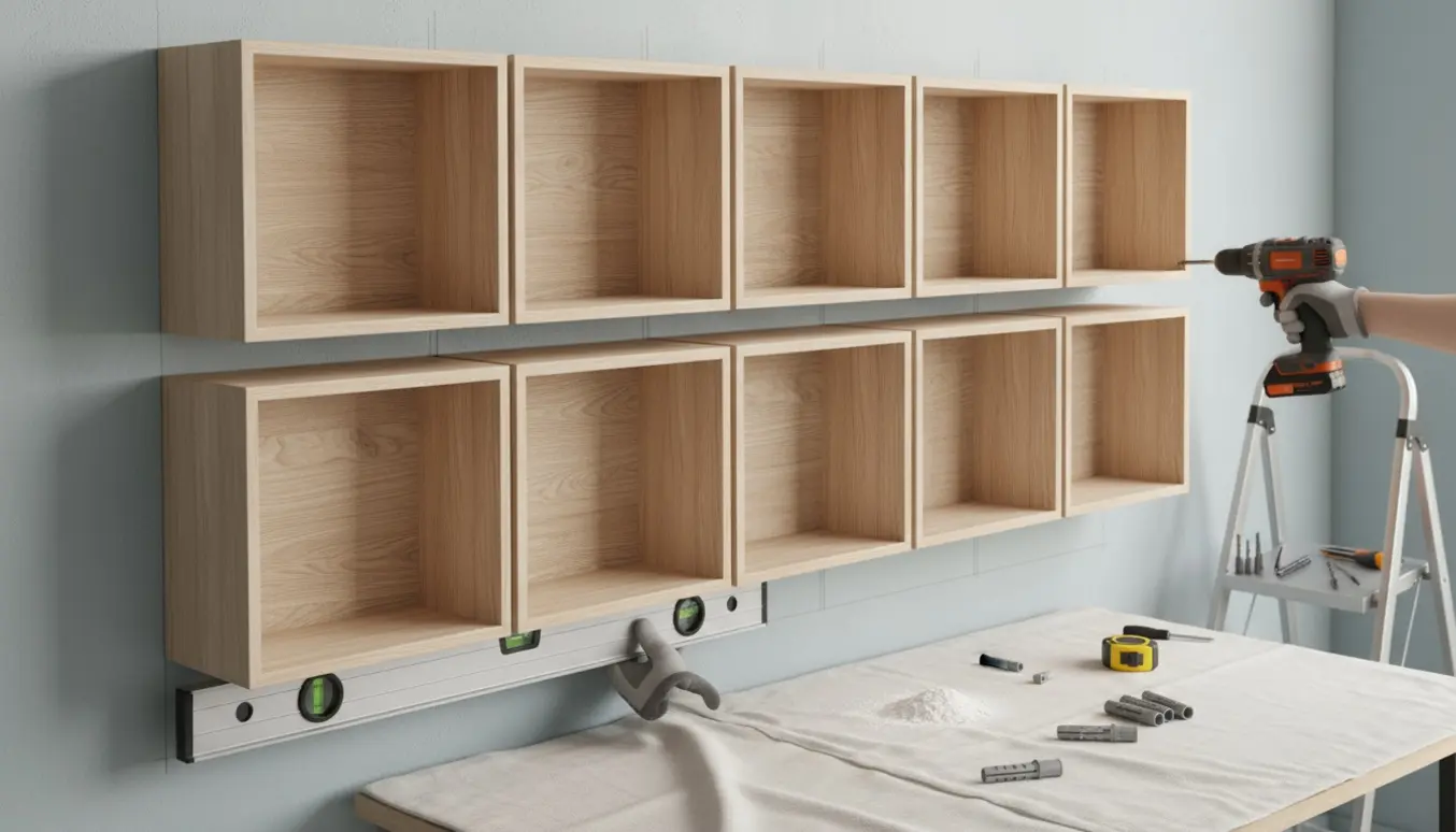 Ophængning af ti trækasser på en gipsvæg med boremaskine, plugs, skruer og vaterpas.