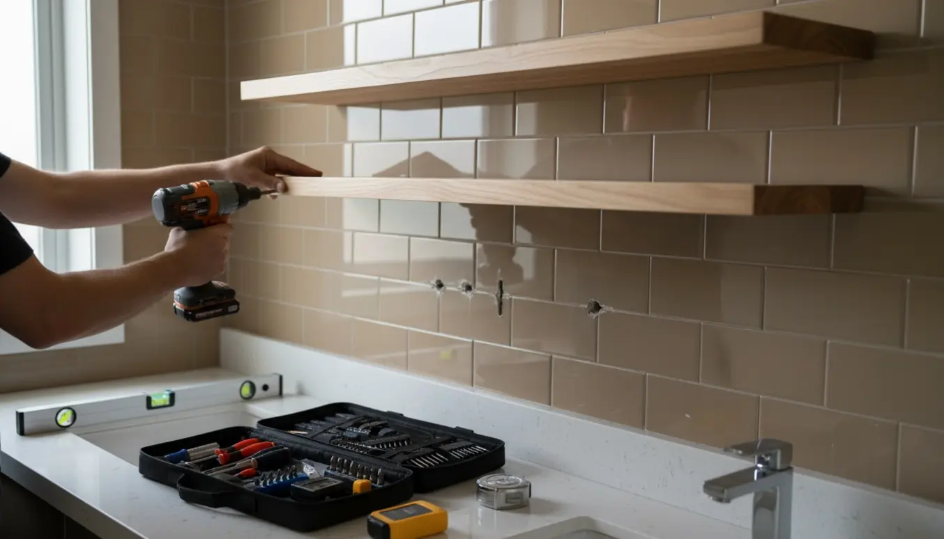 Kroppsdelte hænder monterer to slanke flydende hylder på et flisebadeværelse med værktøj i forgrunden.