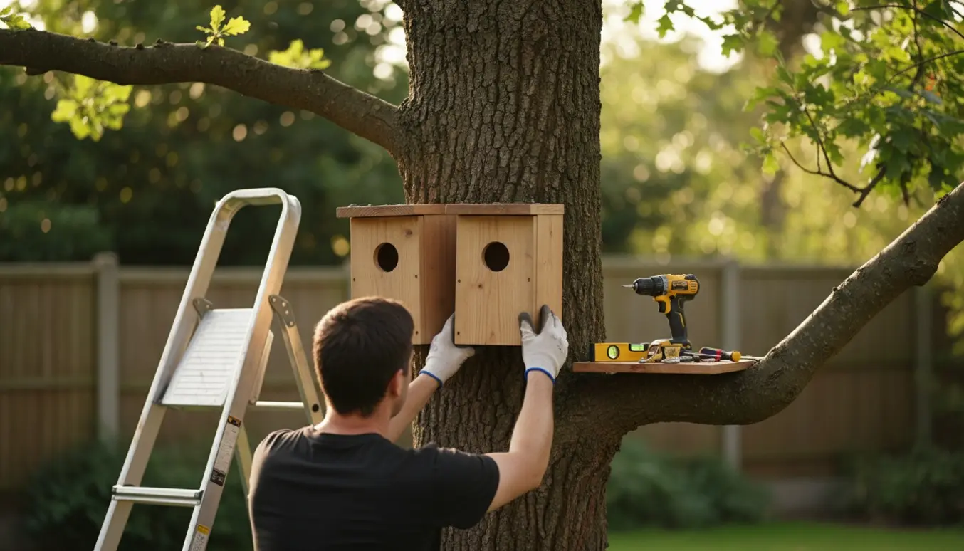 To træ-mejsekasser bliver drejet 90 grader, så indflyvningshullet vender korrekt.