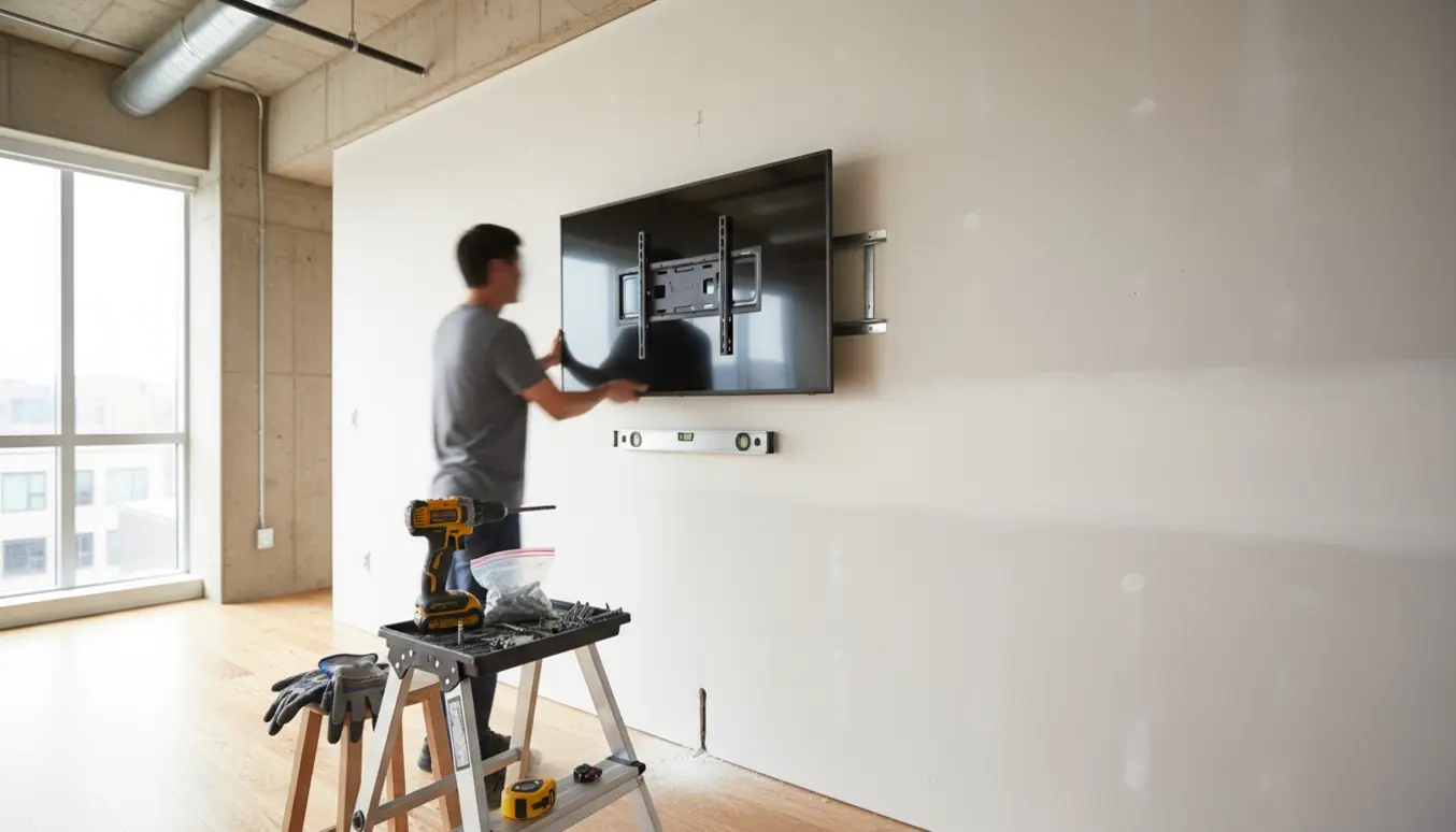 En 60-tommer fladskærm monteres på en gipsvæg med værktøj, rawlplugs og stige klar.