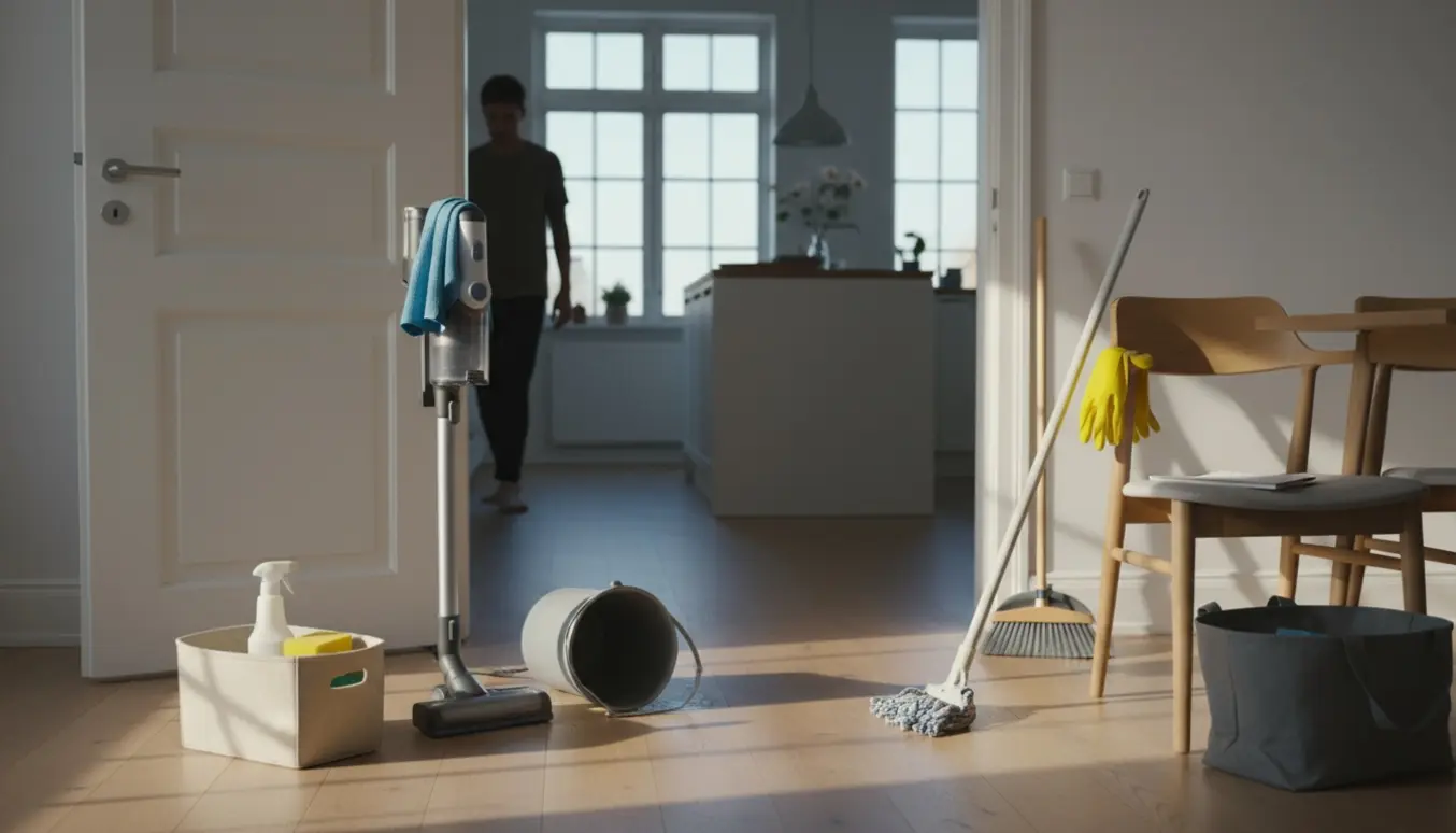 Rengøringsudstyr lagt til side i en solbelyst stue, som om arbejdet er annulleret.