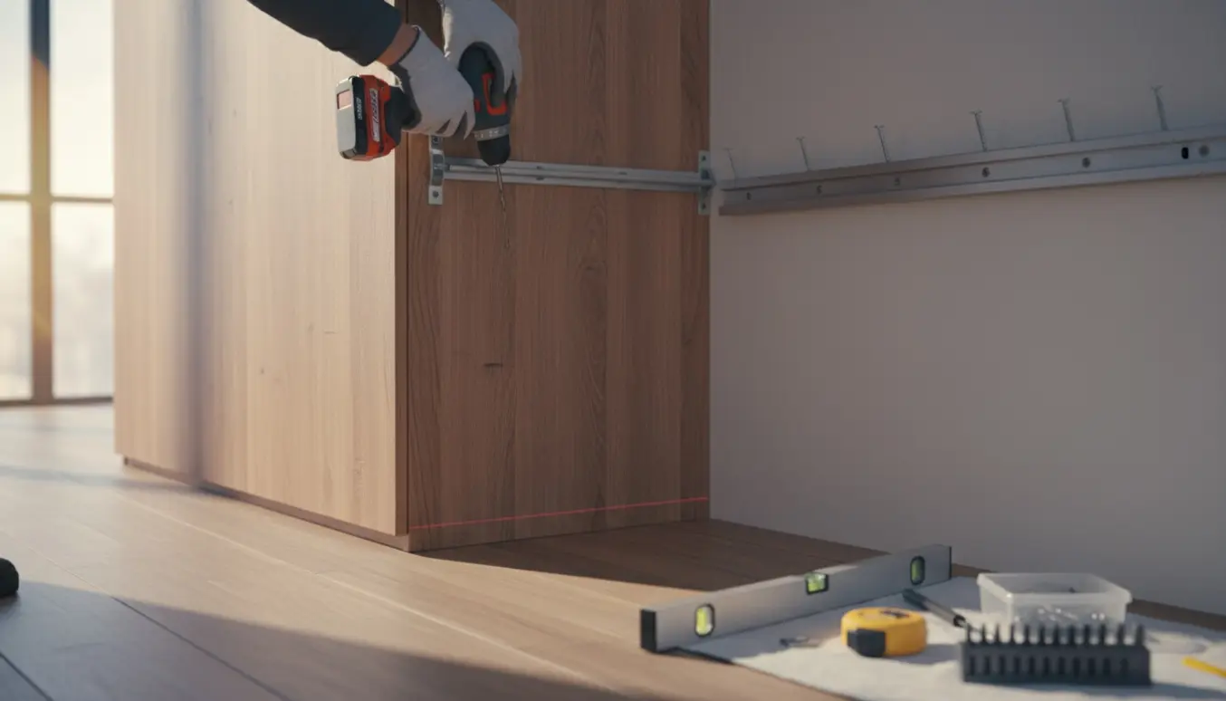 Håndværker fastgør et garderobeskab til væggen med monteringsskinner og værktøj.