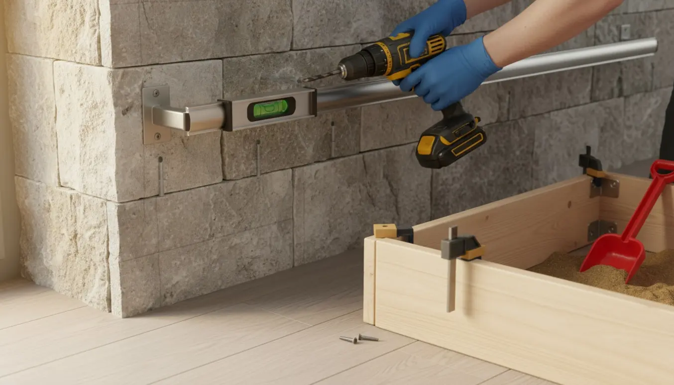 Hænder monterer en gardinstang i en stenvæg, mens en lille træ-sandkasse er ved at blive samlet med værktøj.