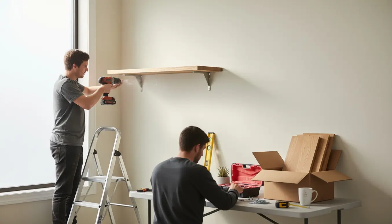 To personer monterer nye hylder i et lyst personalerum, med værktøj og pakker på et bord.