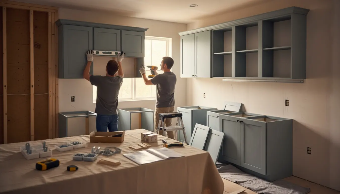 Håndværkere ophænger køkkenskabe på den modsatte væg i et lyst køkken.