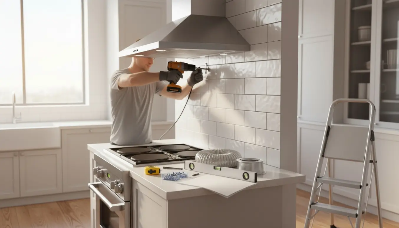 Tekniker monterer en rustfri emhætte over komfuret i et lyst, moderne køkken med værktøj og ventilationsslange synlig.