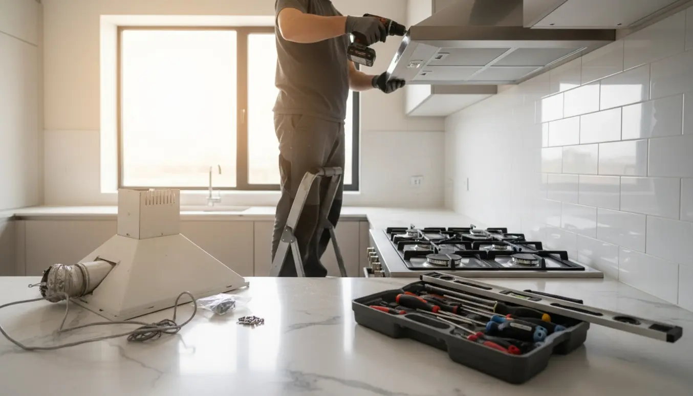 Montering af en ny rustfri emhætte over et komfur i et moderne køkken, med håndværkerens hænder og værktøj synlige.